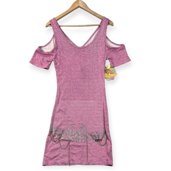 Vintage Apple Bottom Womens Bodycon Dress Pink Cold Shoulder Sz Med Y2K - Picture 2 of 15